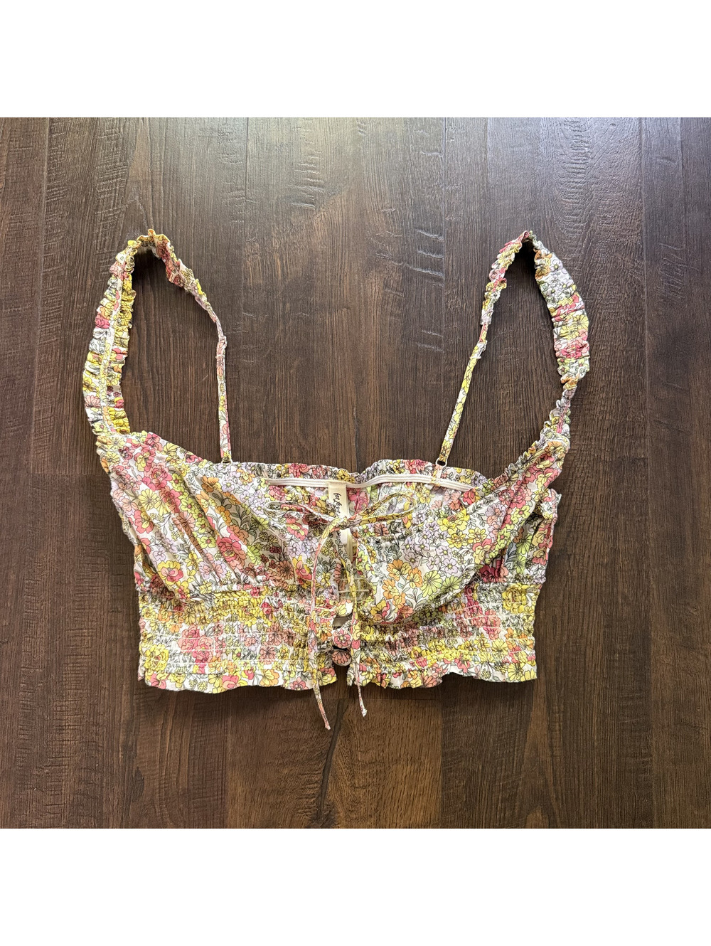 For Love & Lemons Floral Cotton Smocked Tie Front Crop Top M Cottagecore